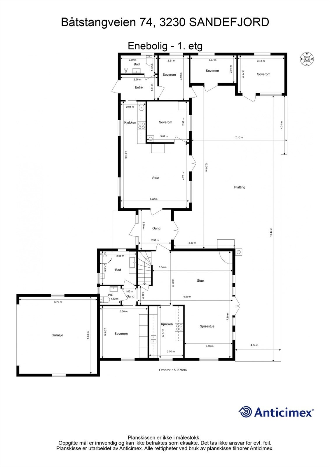 Plantegning 1.etasje ( den delen hvor garasjen ligger inntil er delen som ble bygget på i 1992/1993) Galleribilde