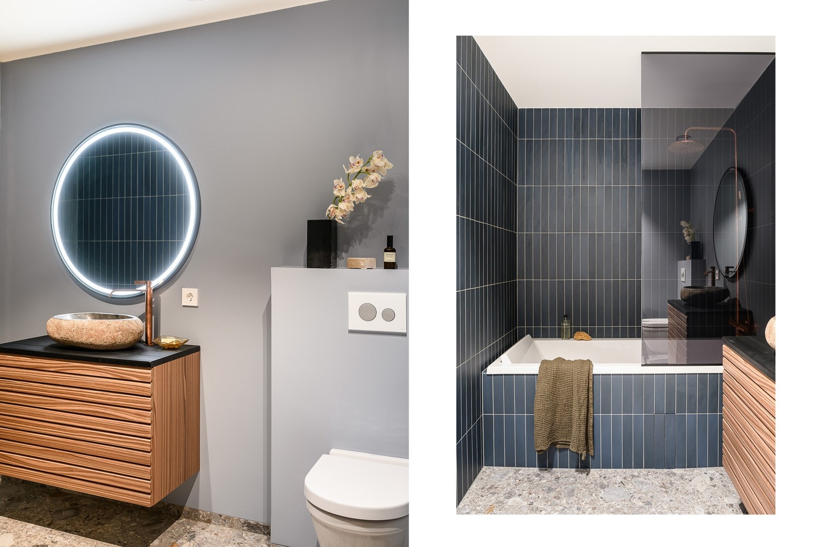 Lekkert bad med badekar. Vakre farge- og materialvalg. Det er også seks bad i alt + vaskerom. Galleribilde