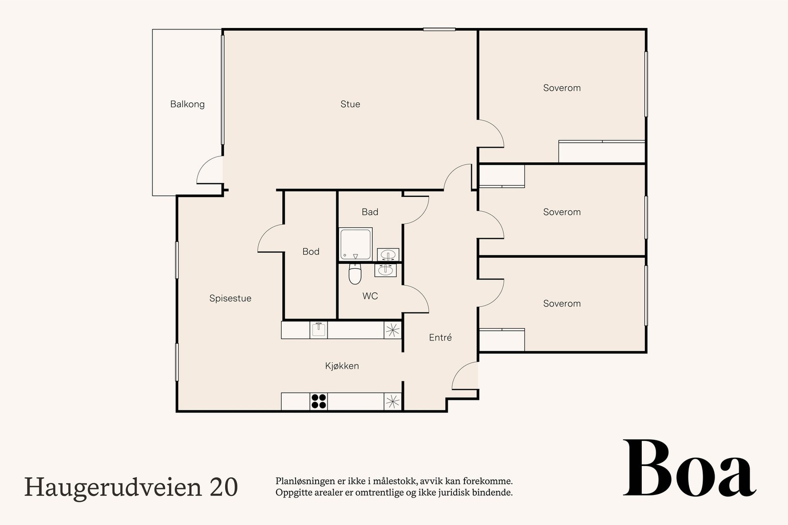 3. etasje: Entré/gang, bad, separat toalett, kjøkken med spisestue, stue, tre soverom og bod. Innglasset balkong.
Leiligheten disponerer i tillegg en kjellerbod på ca. 2kvm. Galleribilde