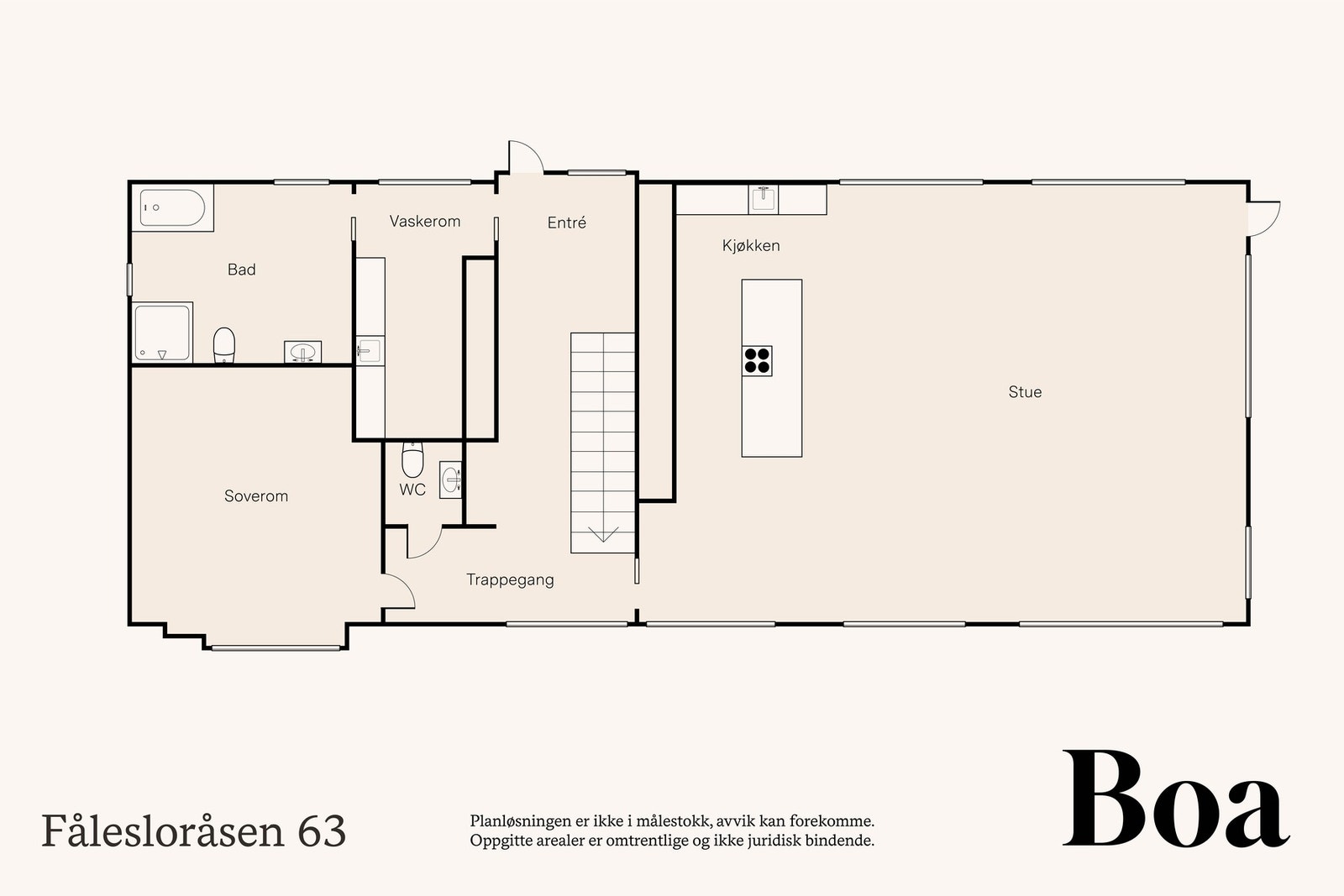Hovedetasje: Hall m/trapp, Stue/kjøkken m/peis og utg terrasse, Soverom, Bad/wc m/utg gårdsplass, Toalettrom, Vaskerom m/utg gårdsplass. Galleribilde