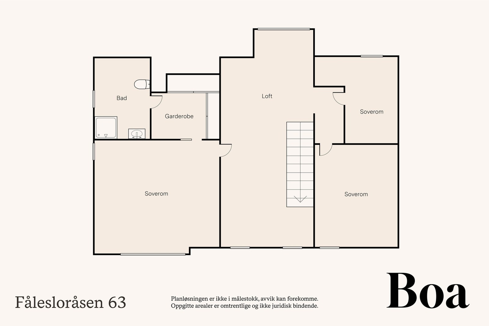 2. etasje: Trapperom/loftstue , 3 stk. soverom, bad/wc, garderoberom. Galleribilde