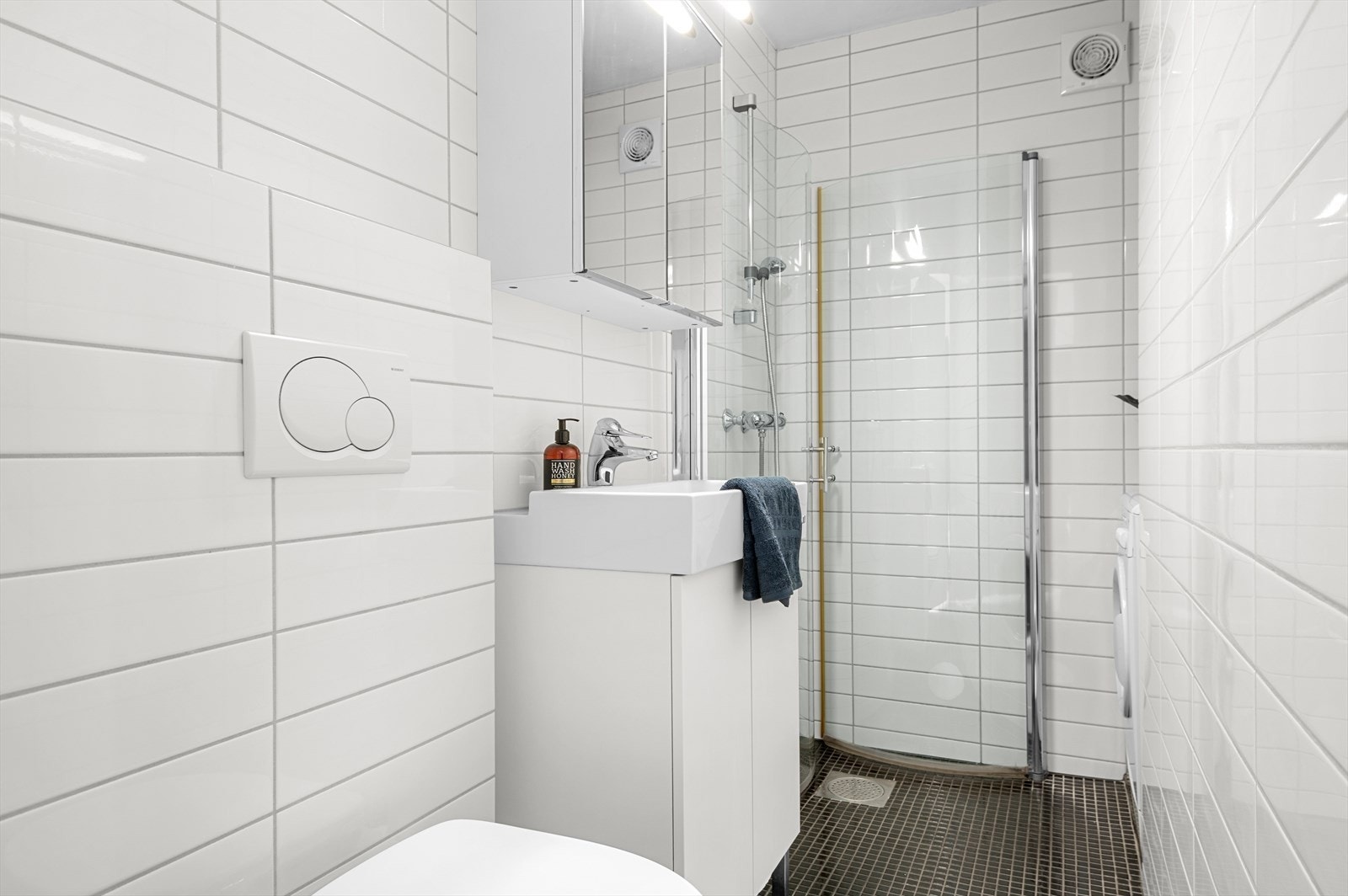 Det første badet i sokkeletasjen er på 3m² . Badet er flislagt og har behagelig gulvvarme, i tillegg er badet innredet med dusjhjørne, innfellbare dusjdører, mekanisk avtrekk, servant, servantskap, wc, bereder og opplegg for vaskemaskin. Galleribilde