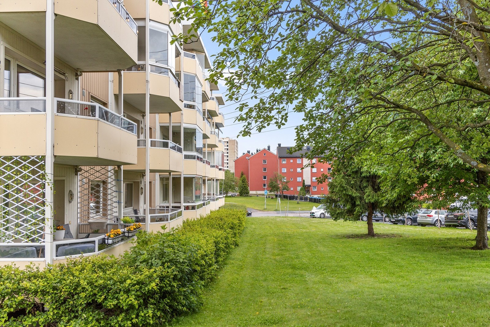 Det er godt med plass mellom blokkene i borettslaget og fellesarealene er grønne og frodige Galleribilde