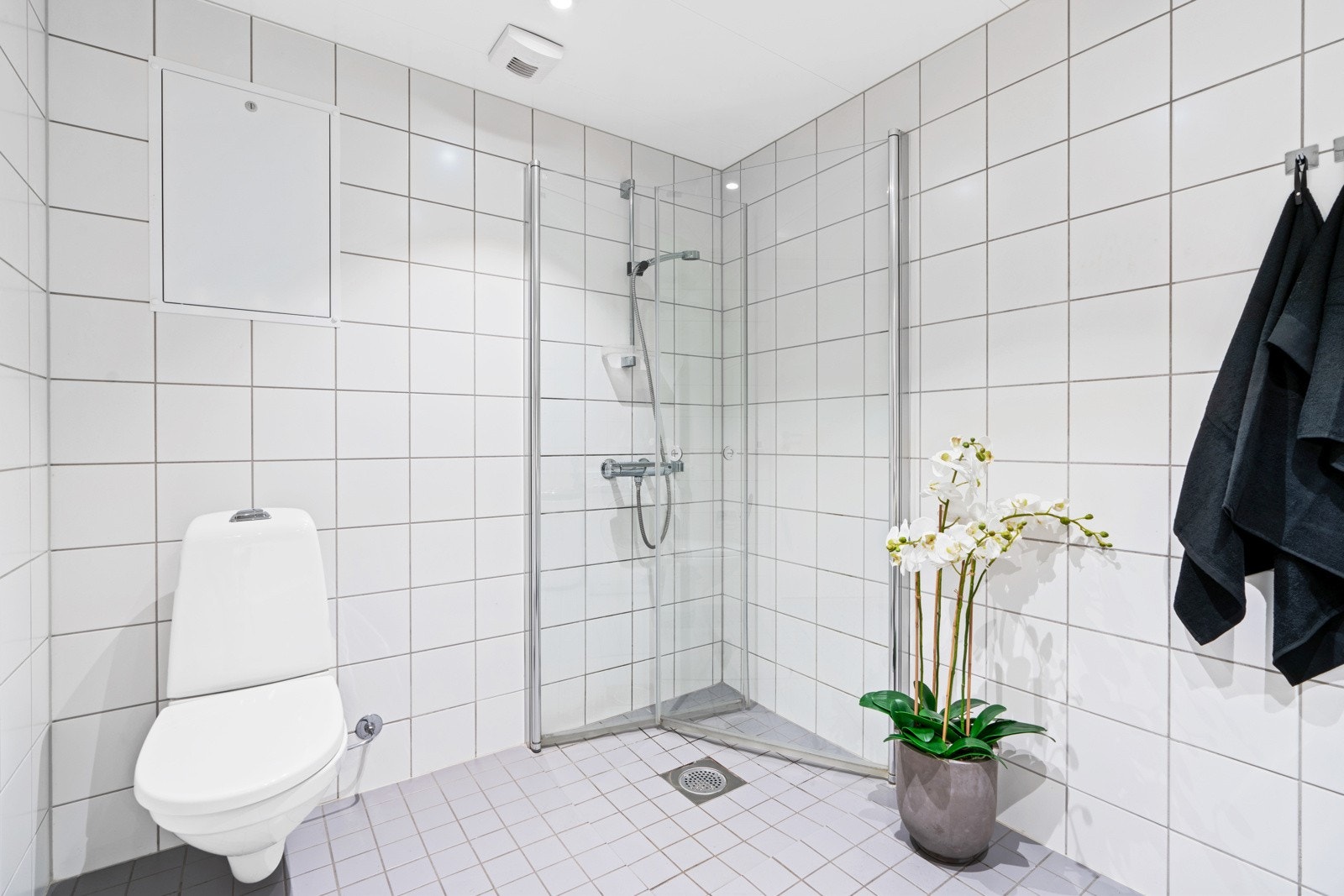Innredningen på dette badet består av et speilskap med overlys, et veggmontert toalett og et dusjhjørne med innfellbare glassdører. Galleribilde