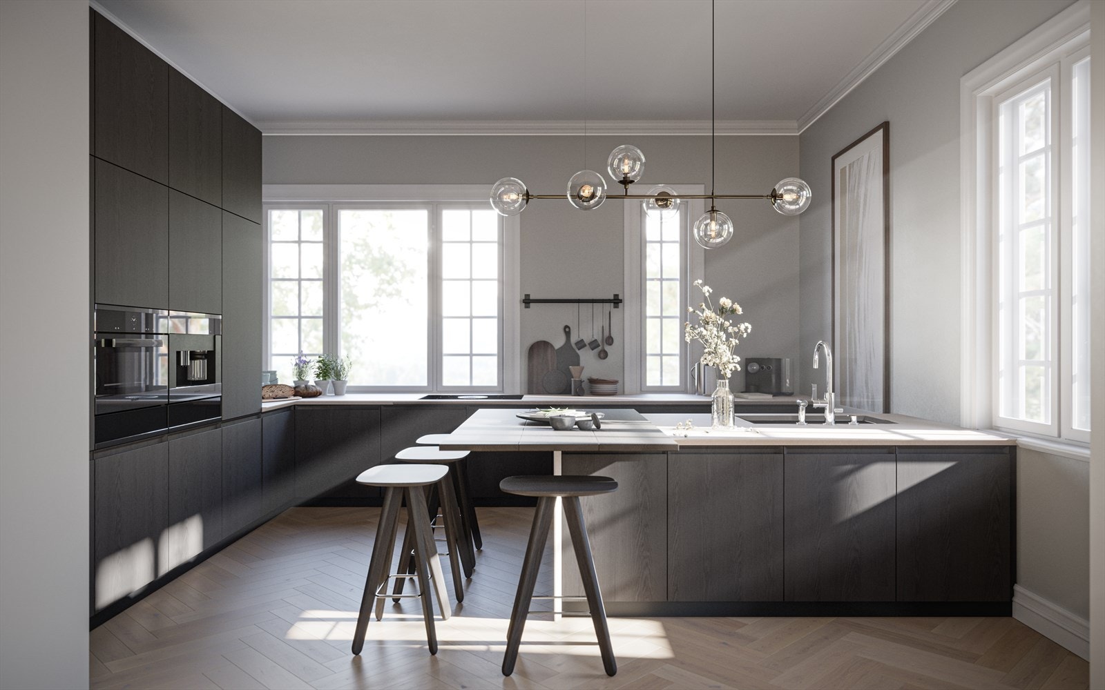 Illustrasjon kjøkken. Tegningen er kun en illustrasjon, og er ikke målbar. Innredning og materialvalg stemmer ikke med virkeligheten. Avvik kan forekomme. Galleribilde