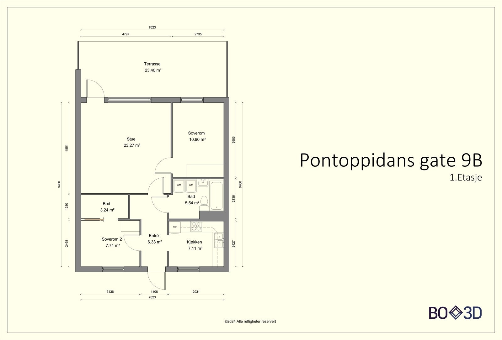 Vi ser nærmere på boligens planskisse med én gang, slik at du får orientert deg litt. I tillegg til innvendige arealer, disponerer leiligheten én kjellerbod på ca. 5 kvm. Galleribilde