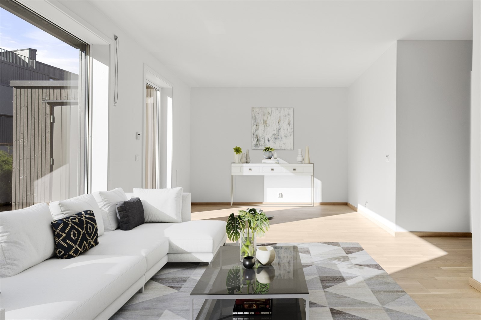 Boligen har en fin stue med god plass til sofa og spisestue. (Illustrasjonsbilde av hvordan rommet kan møbleres) Galleribilde