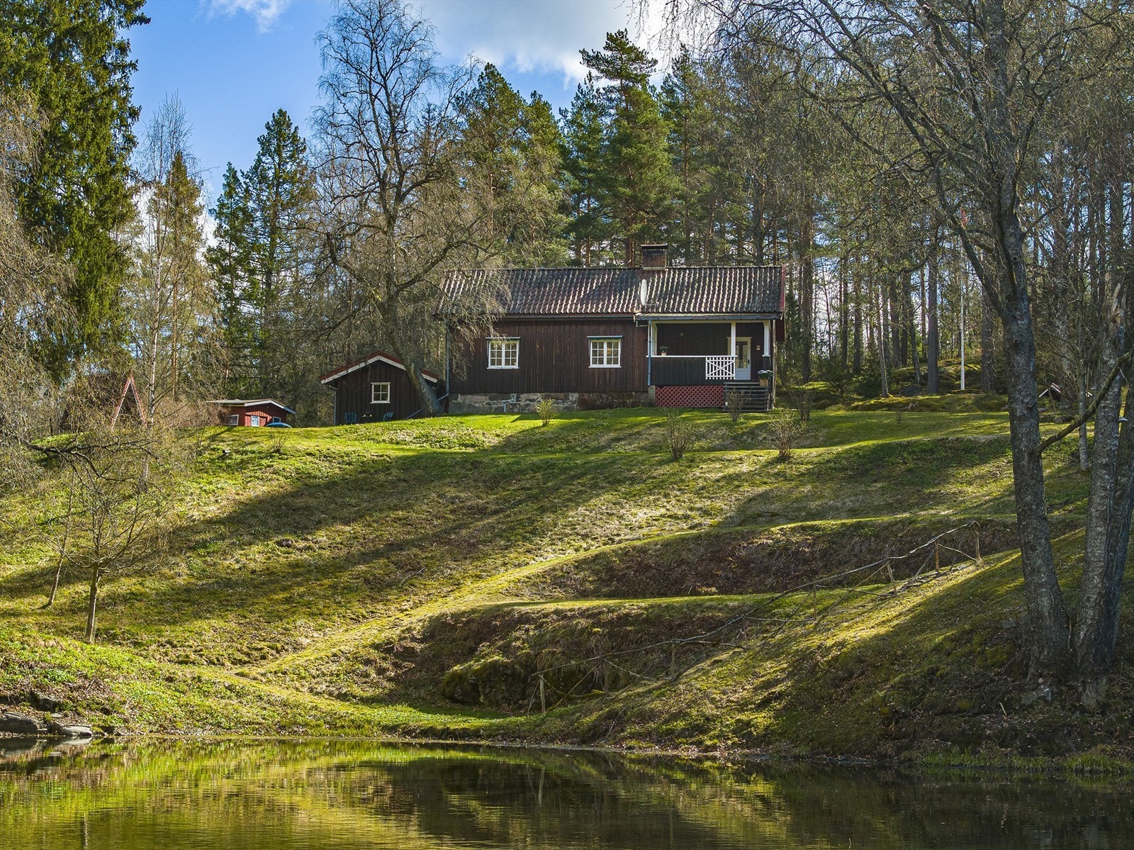 Hytta og bygningene ligger koselig i det skrående terrenget Galleribilde