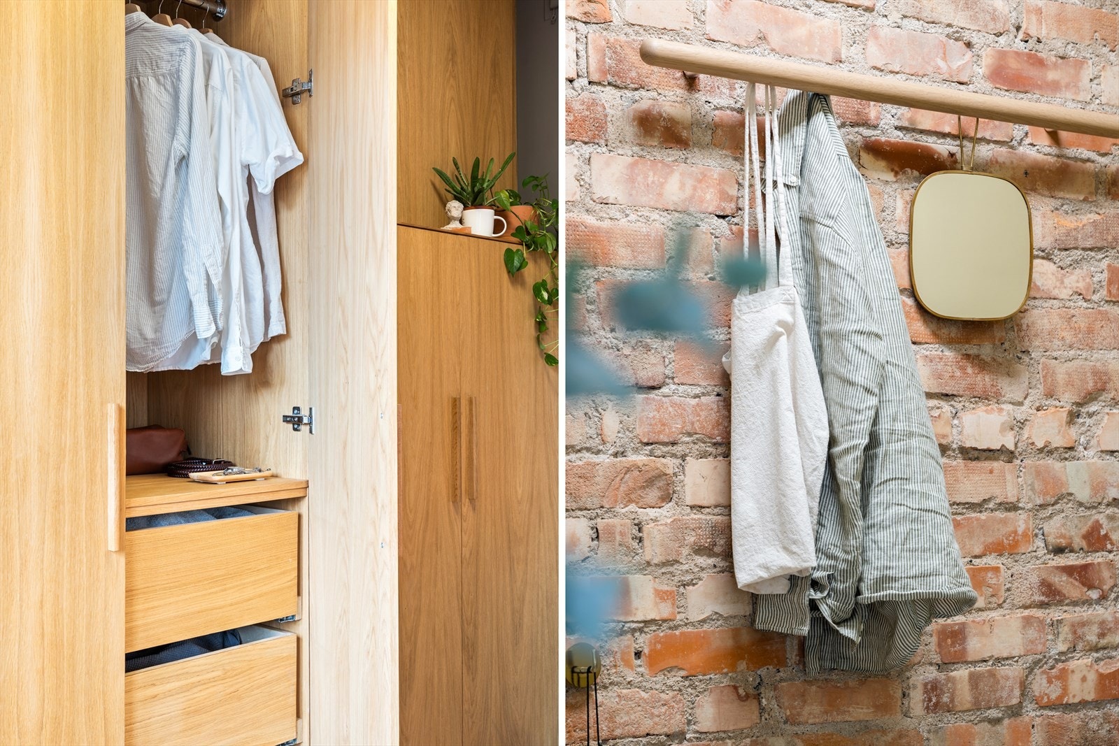 Leiligheten har en sjarmerende teglsteinvegg i entré, i tillegg til et stilrent, plassbygget garderobeskap på soverom. Galleribilde