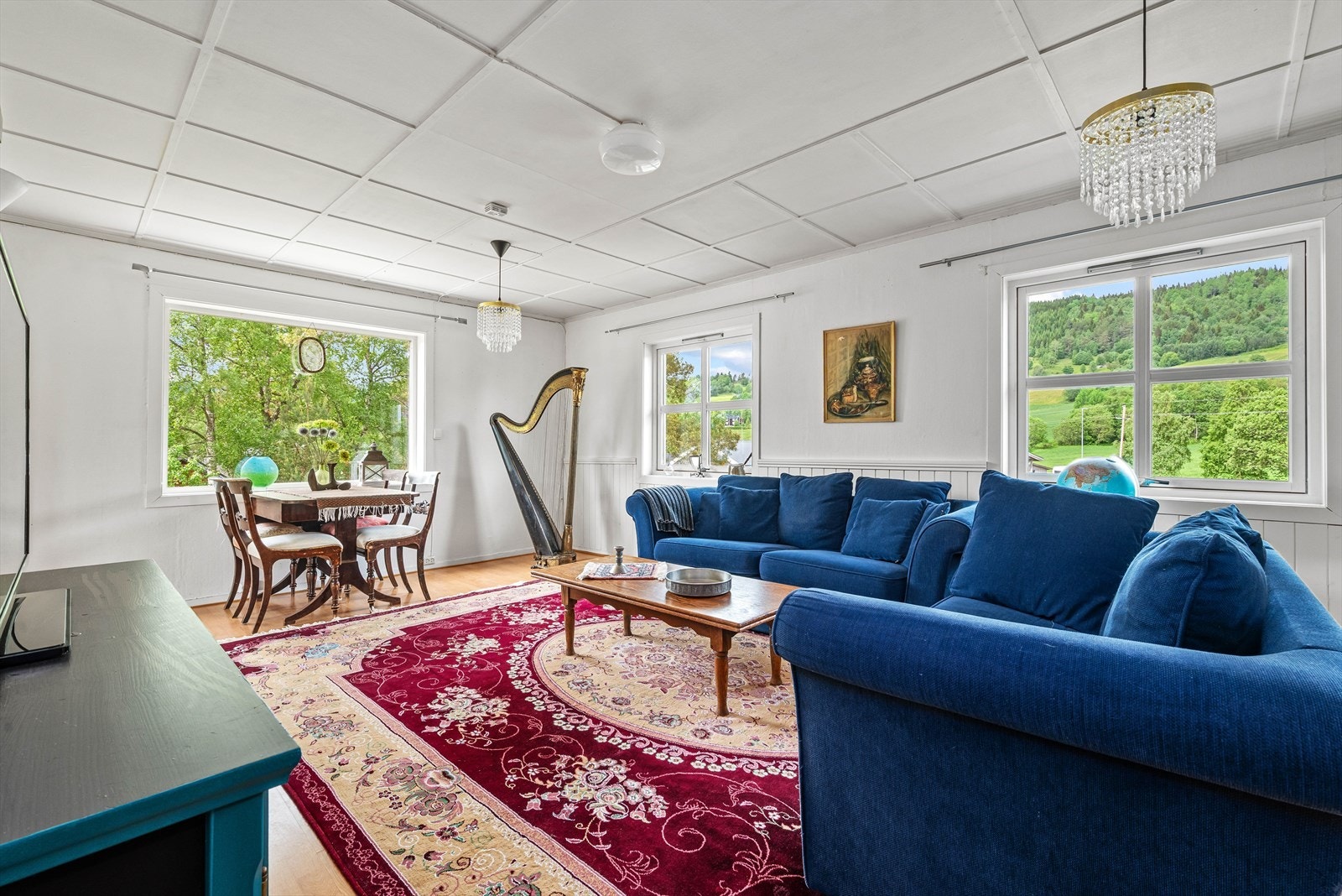 Romslig stue med store vindusflater som gir godt med naturlig lys i rommet Galleribilde