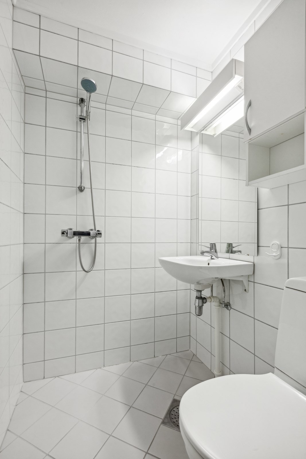 Badet inneholder vask, toalett og dusjhjørne. Galleribilde