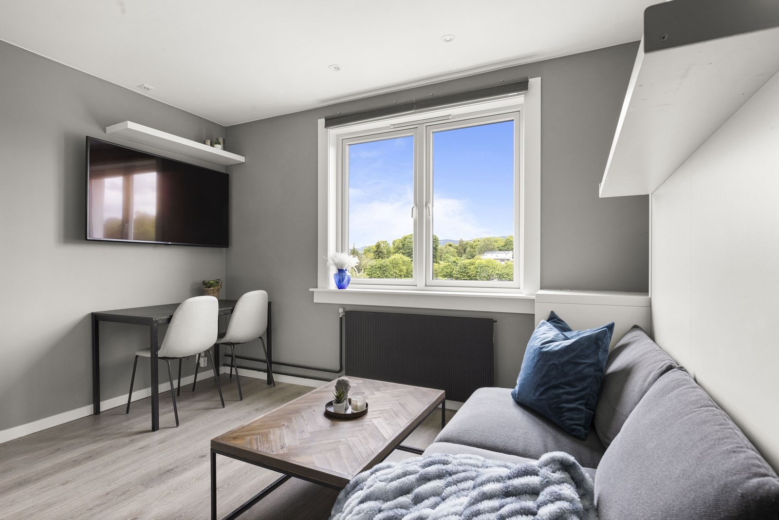 Delikat og luftig oppholdsrom med plass til et lite spisebord og stuebord, samt en meget praktisk skapseng. Galleribilde