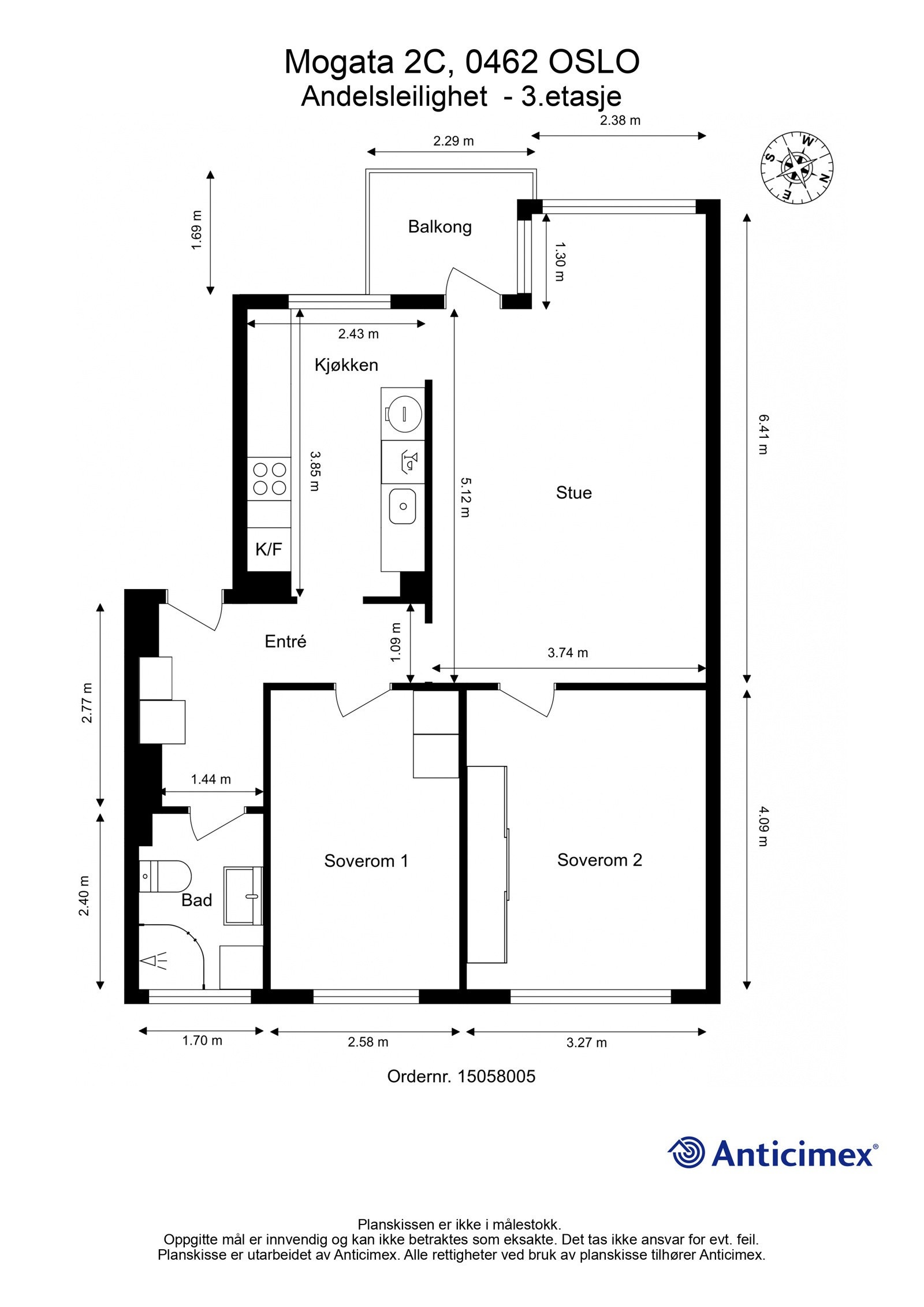 Plantegning. I tillegg disponerer leiligheten 2 boder, en bod i kjeller på ca. 9m² og en på loft på ca. 8m² (13m² i gulvareal). Galleribilde