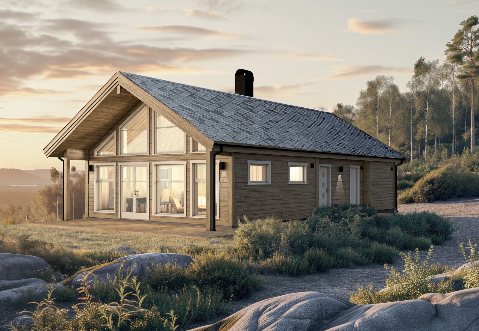 Vår nye hyttemodell Frøya har alt man ønsker seg av en moderne hytte! Illustrasjon Galleribilde