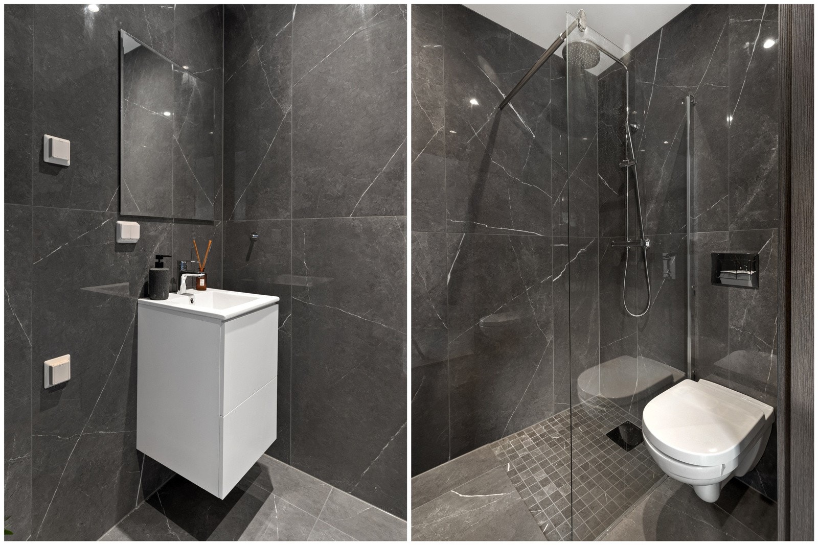 Rommet har lekre mørke fliser med varmekabler i gulv. Galleribilde