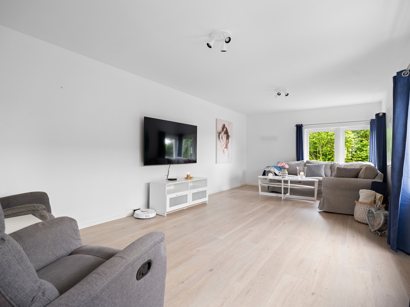 Romslig stue med god plass til TV og sofa hvor hele familien kan samles Galleribilde