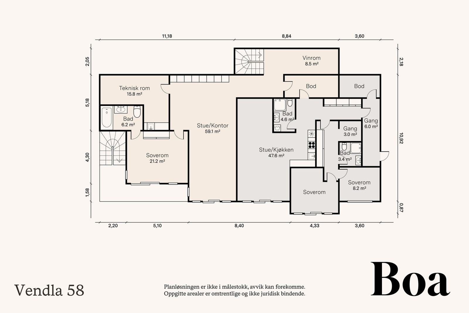 Underetasje: Trapperom med bod under, vinrom, gang , to stuer, tre soverom, tre bad, teknisk rom med tekjøkken og to boder. Mulighet for utleie av hele eller deler av underetasjen. Galleribilde