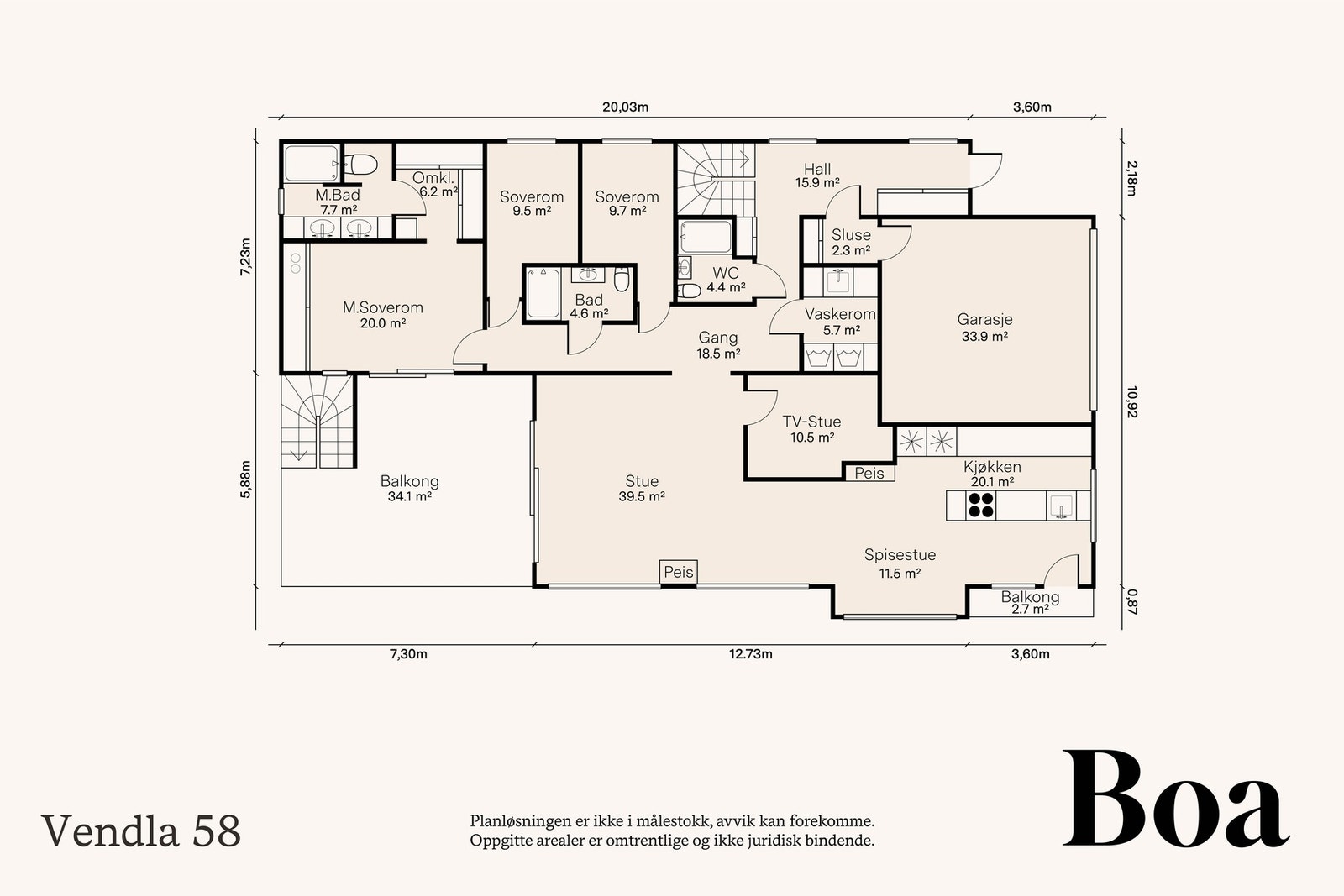 Første etasje (hovedetasjen): 1. etasje: Hall, stue, spisestue, tv-stue, kjøkken, tre soverom, tre bad, vaskerom, omkledningsrom, sluse, garasje og gang. 2 balkonger på 34,1kvm og 2,7kvm. Galleribilde