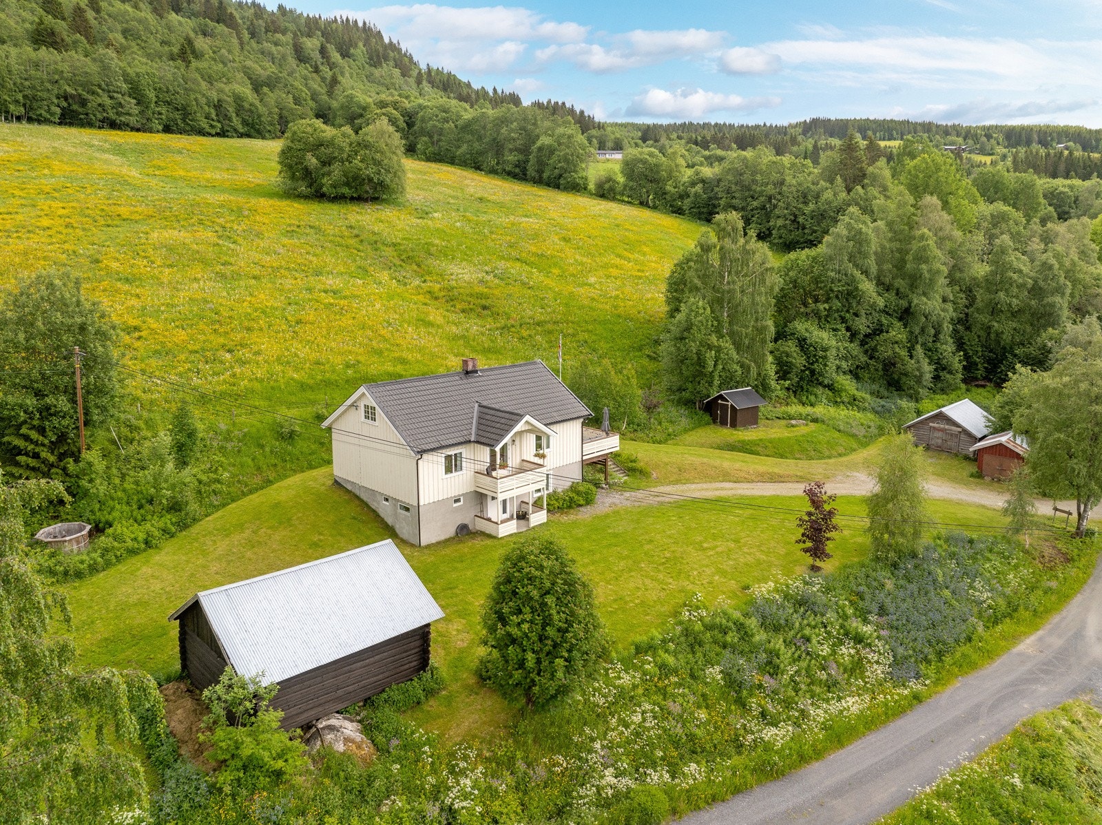 Enebolig, eldre fjøs, låve, garasje/uthus og uthus Galleribilde