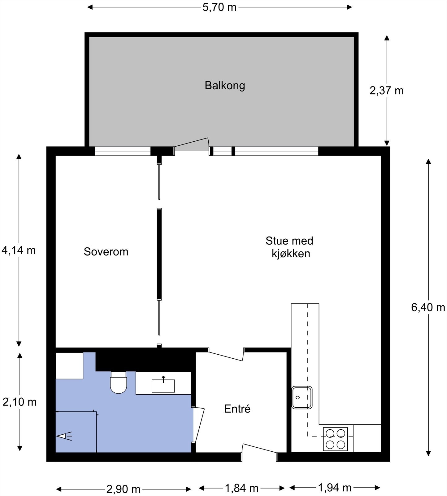 Plantegning fra takstmann. Leiligheten inneholder entré, stue, kjøkken, bad og soverom. Kjellerbod på 10m² for lagring. Galleribilde