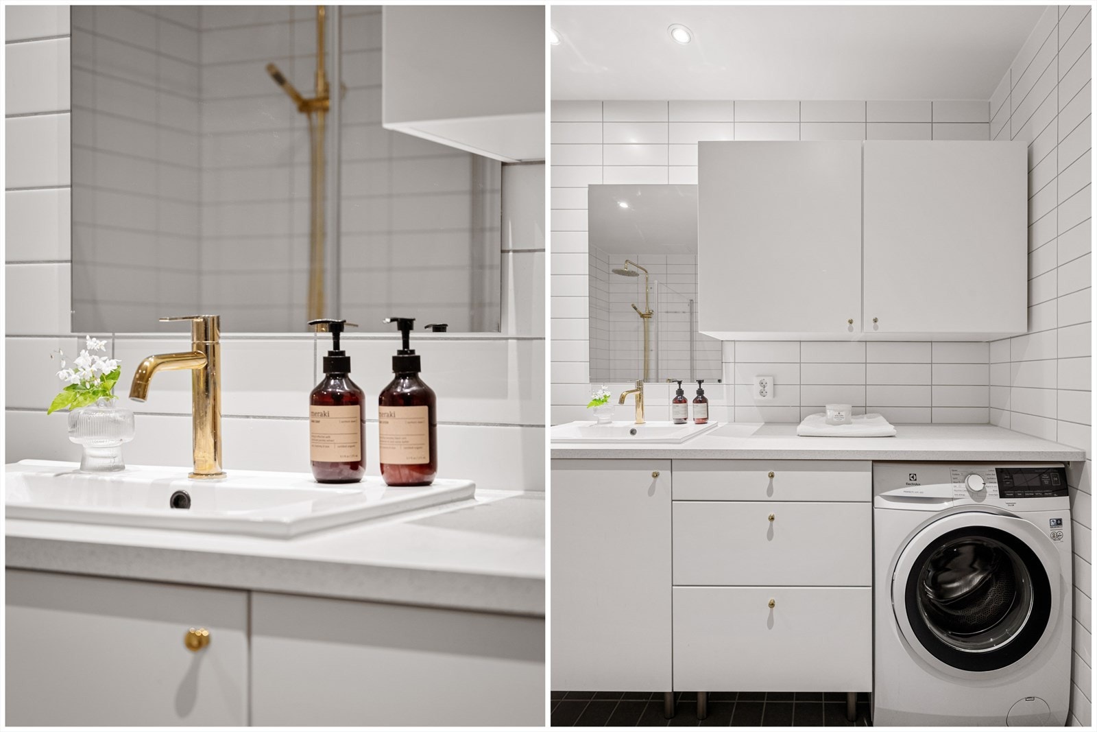 Badet har opplegg til vaskemaskin. Store og praktiske baderomsinventarer. Galleribilde