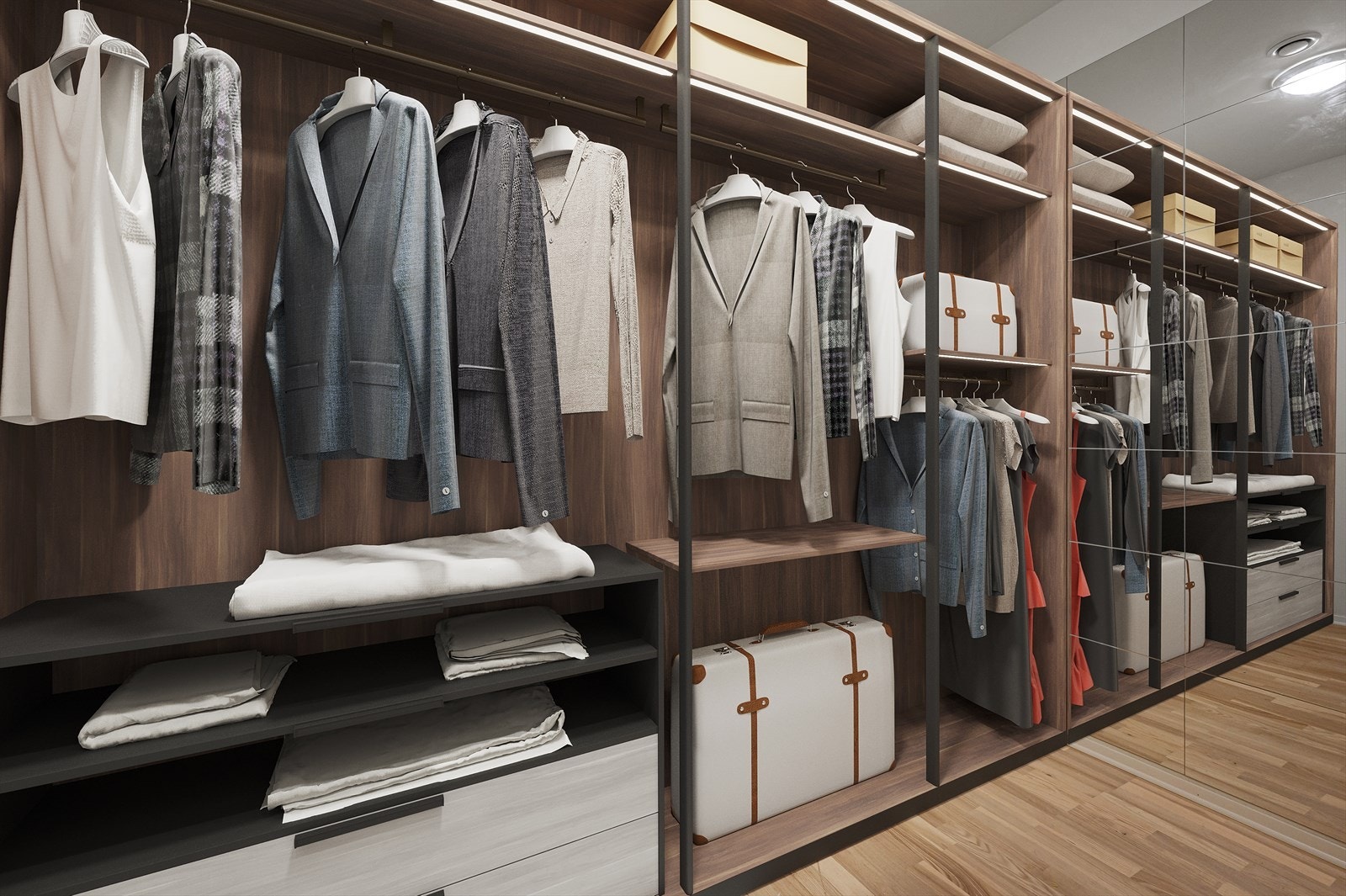 Praktisk omkledningsrom i tilknytning entréen. OBS: bildet er digitalt møblert. Galleribilde