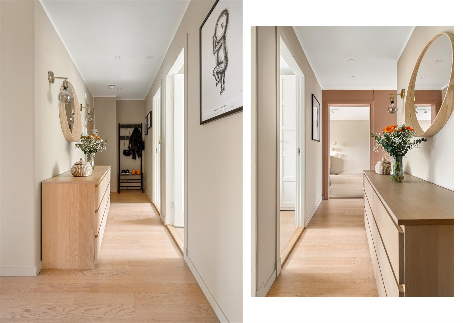 Innbydende og praktisk entré med plass til bord eller kommode. Galleribilde