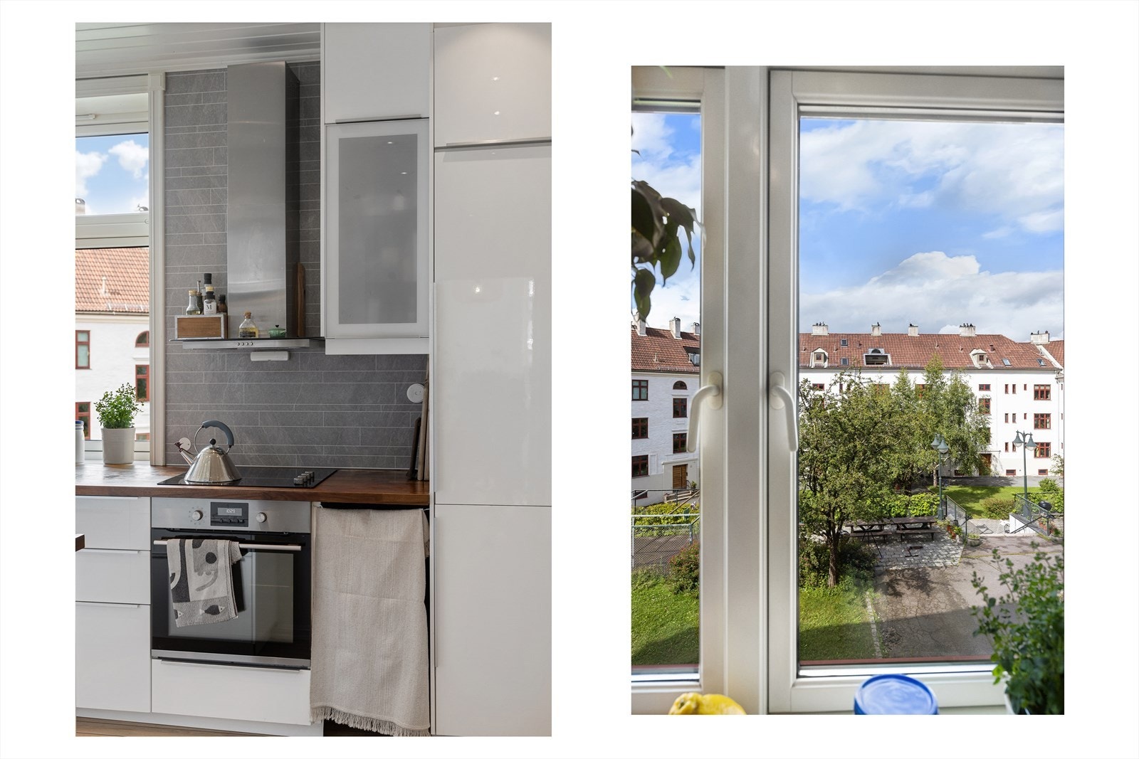 Kjøkkeninnredningen har høyglans fronter og her er det rikelig med benkeplass samt gode oppbevaringsmuligheter i over- og underskap Galleribilde