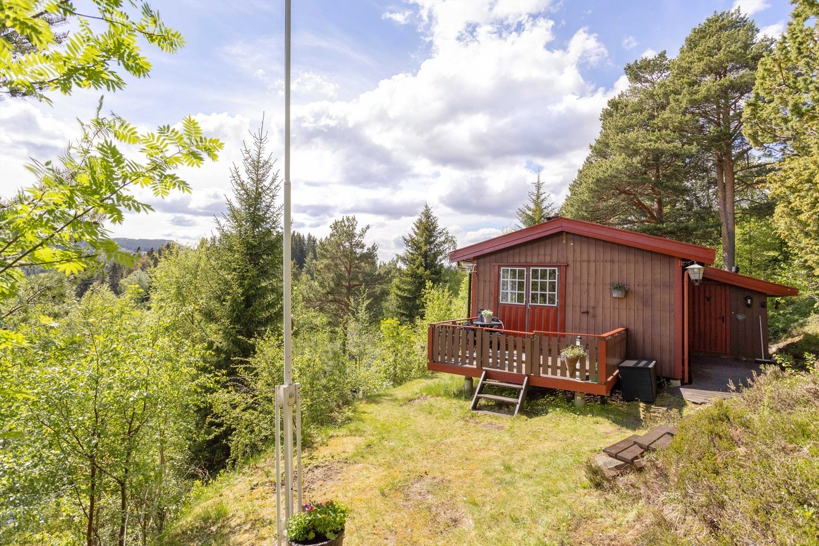 Fritidsboligen har innlagt vann om sommeren på kjøkkenet, samt innlagt strøm. Galleribilde