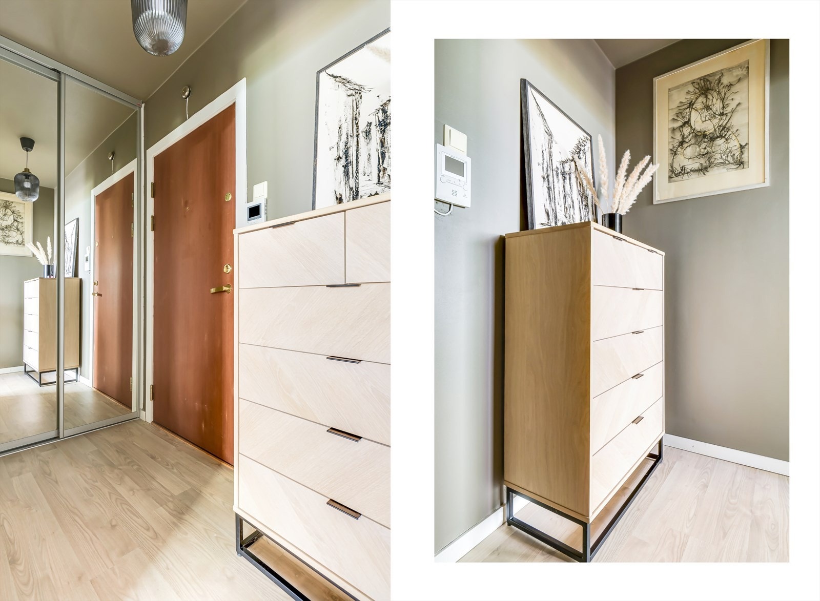 Velkommen inn! Entré som gir godt førsteinntrykk av boligen. Skyvedørsgarderobe med speilfronter i entré med plass for oppbevaring av yttertøy og sko Galleribilde