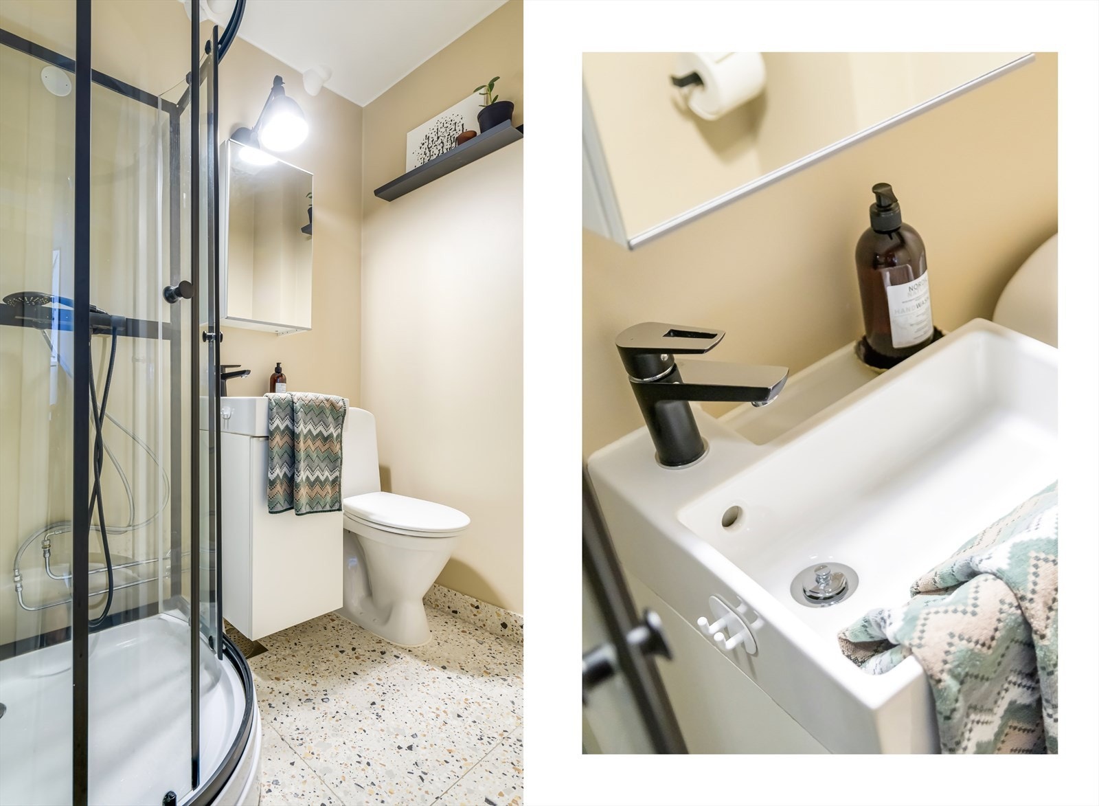 Pent bad som ble overflateoppusset i 2020. Det ble lagt smøremembran på gulv og vegger, nye terrazzofliser på gulv fra Modena, og vegger/himling ble sparklet og malt Galleribilde