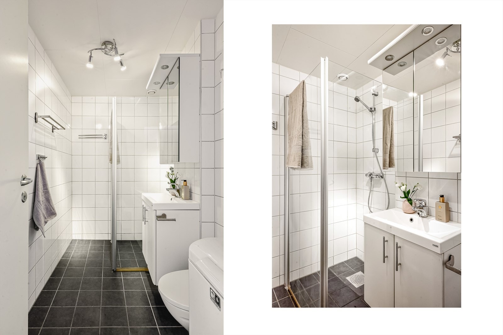 Badet ble oppgradert i 2012 (rør-i-rør) og inneholder vegghengt toalett, helstøpt servant, baderomsmøbler, dusjdører i klart glass og opplegg for vaskemaskin Galleribilde