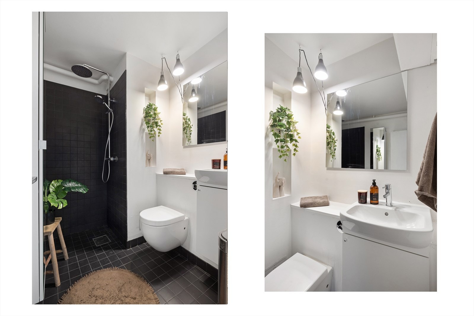- Badet er innredet med servant med oppbevaring, veggmontert toalett og dusj med armatur - Galleribilde