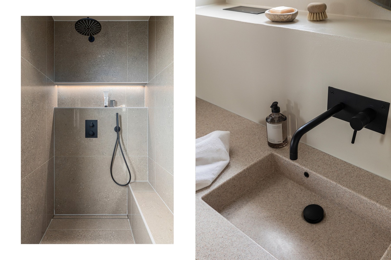 Moderne dusjnisje og servantarmatur, hvor alt er integrert i vegg. Galleribilde