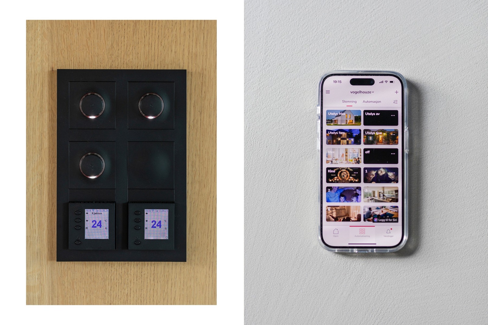 Smarthus-styring fra Elko pluss, hvor lys, varme og utebelysning styres enten via app på mobil/nettbrett eller panel på vegg. Galleribilde