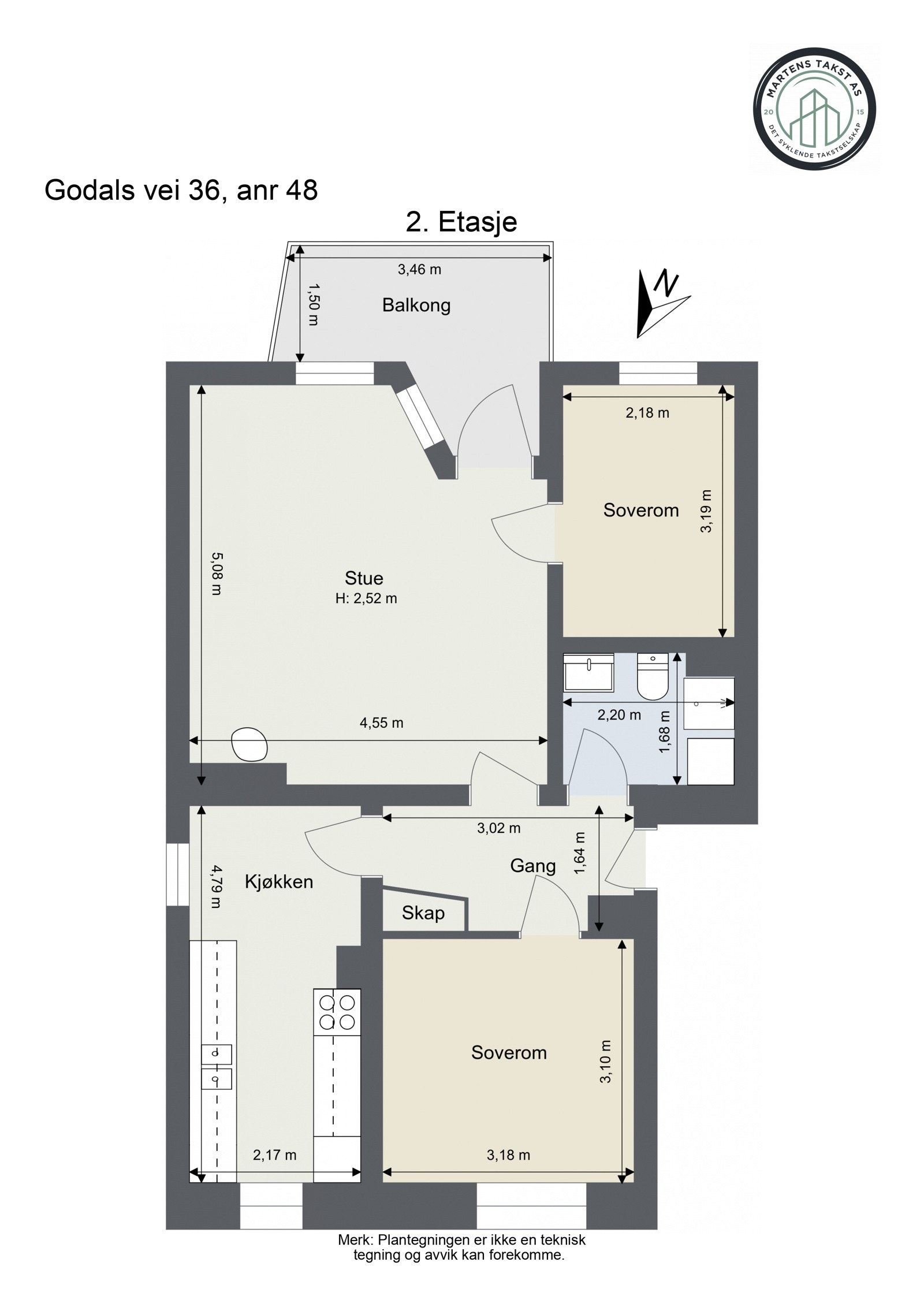 2. etasje: Entré, bad/wc/vaskerom, kjøkken, stue og 2 soverom. Galleribilde