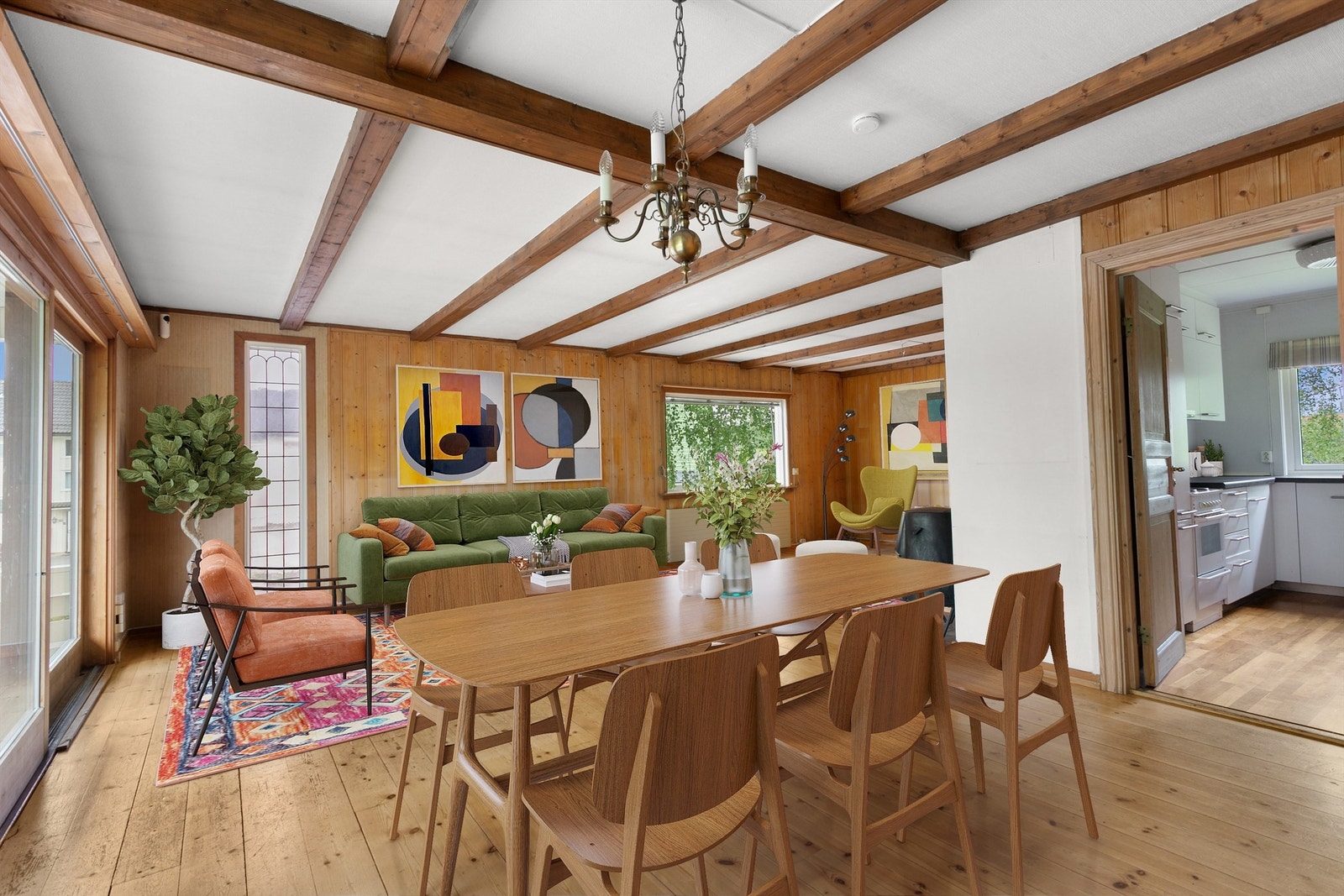 God plass til både sofagruppe og spisestue - perfekt sted for familiekos og hyggelige kvelder. Digitalt møblert. Galleribilde