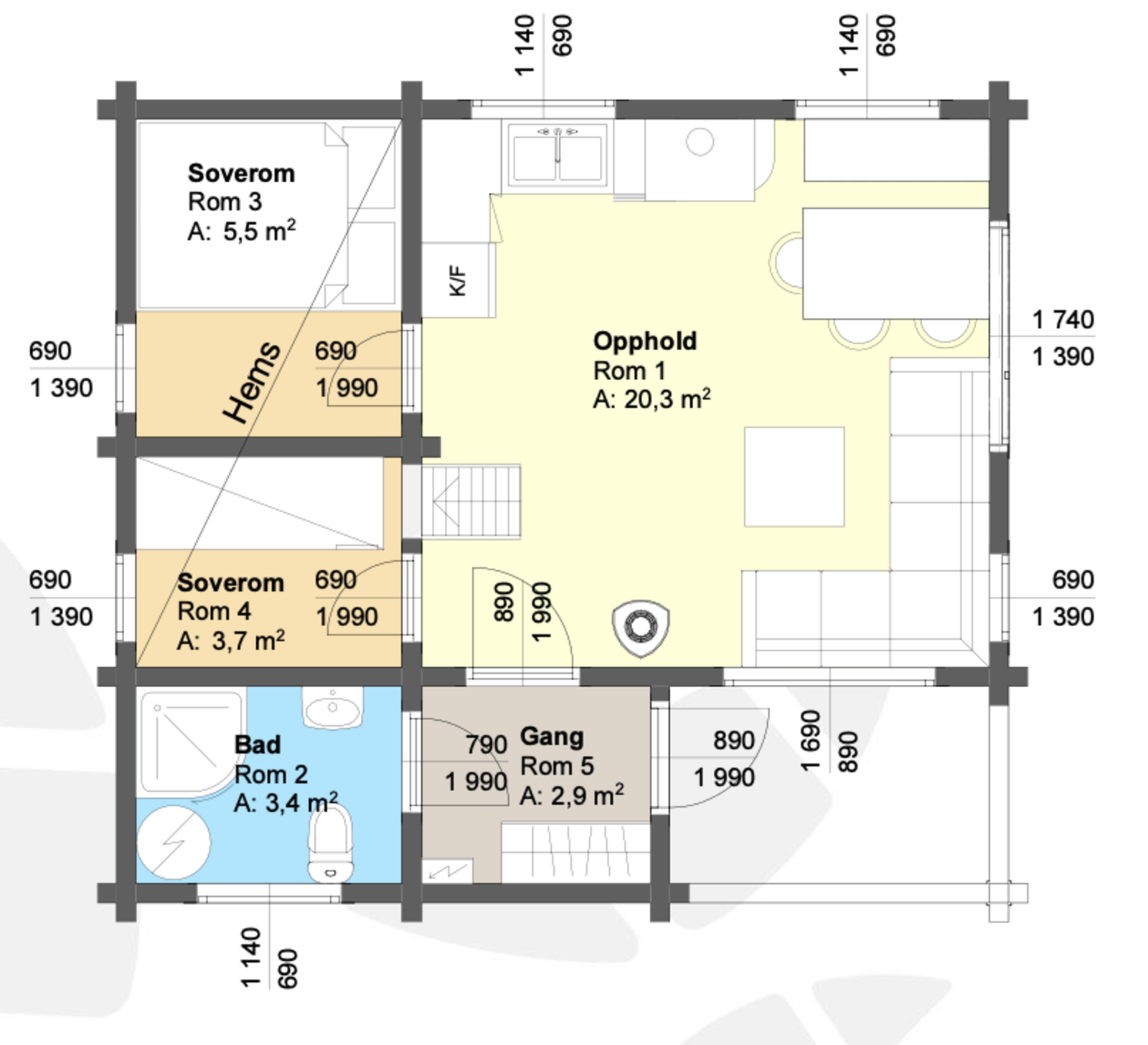Plantegning hovedplan i Lodge 3. Det er også en liten hems på 9m2 gulvareal. Galleribilde