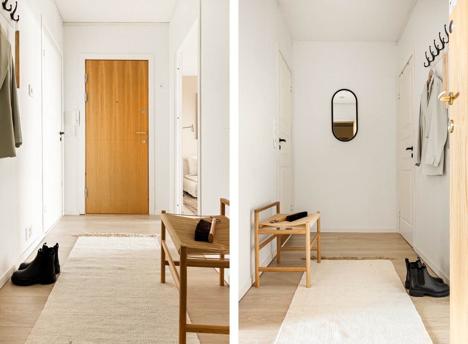 Velkommen inn. Entreen måler 5,4 kvm og gir et lunt førsteinntrykk med lyst 1-stavs laminat som er gjennomgående i alle rom. Galleribilde