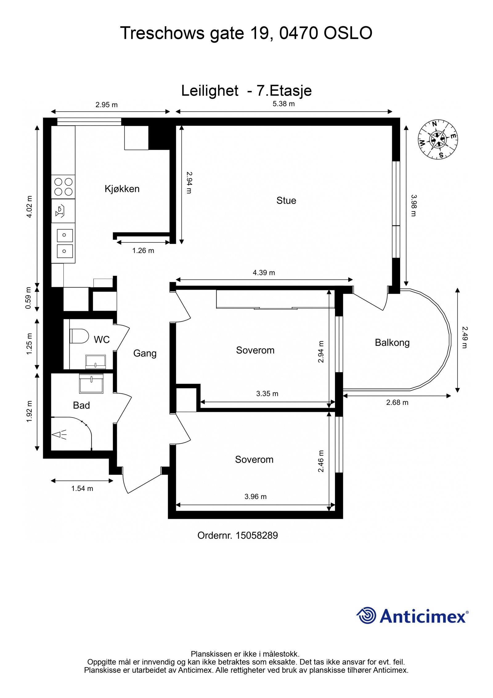 Plantegning. I tillegg disponerer leiligheten 4 boder. En bod på ca. 1m² i trappeoppgangen, 2 kjellerboder på til sammen ca. 6m², samt en loftsbod med gulvareal på ca. 10m². Heis i bygget. Galleribilde