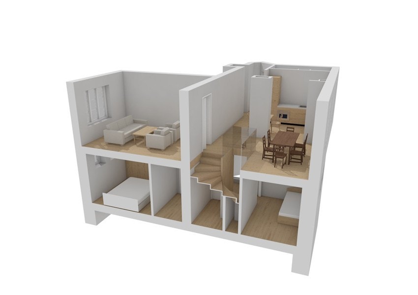 Modellen er et utsnitt av hvordan leiligheten kan bli ved utbygging av kjeller. Galleribilde