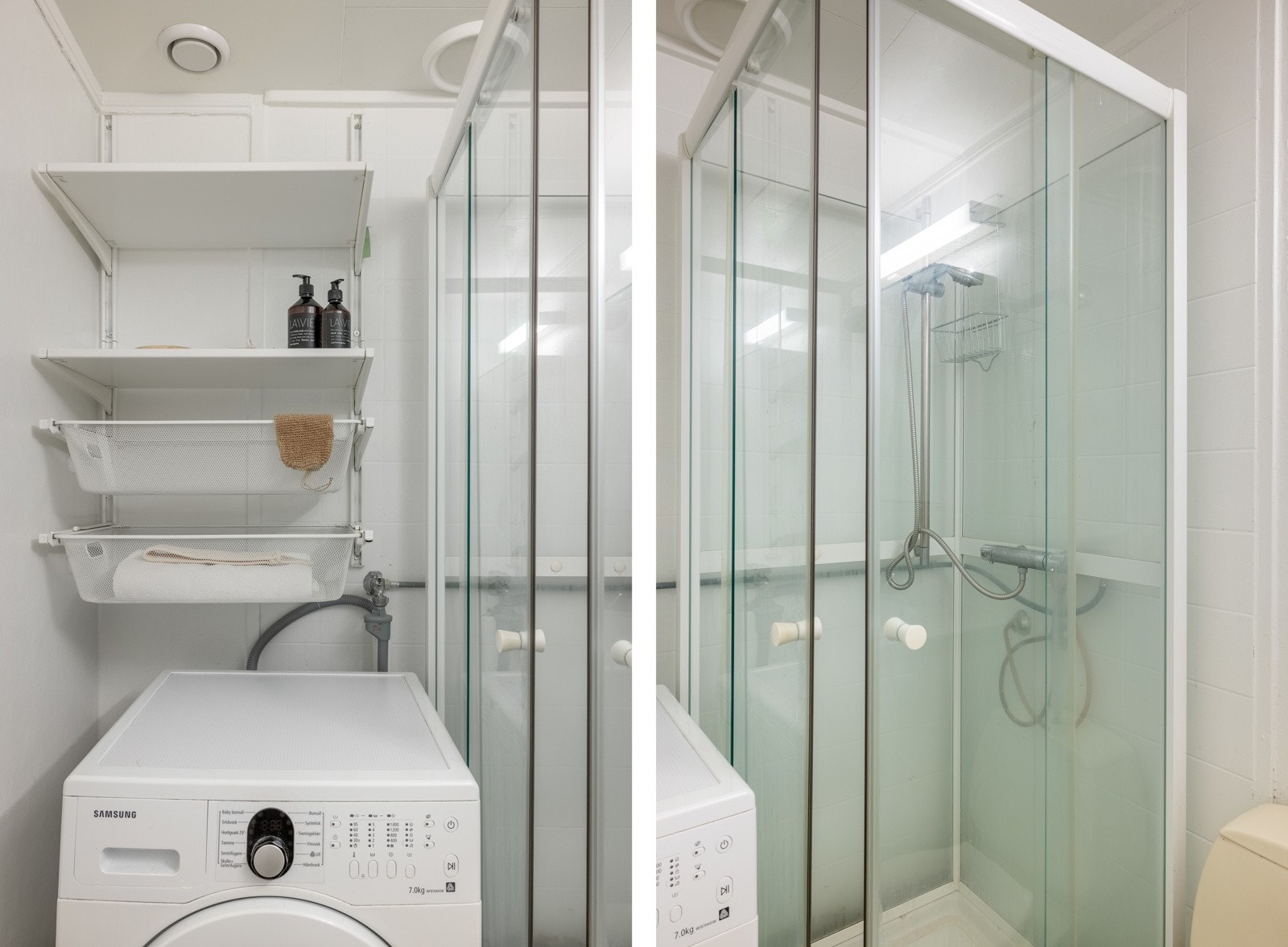 Badet er innredet med dusjkabinett, toalett, opplegg for vaskemaskin og baderomsinnredning. Galleribilde