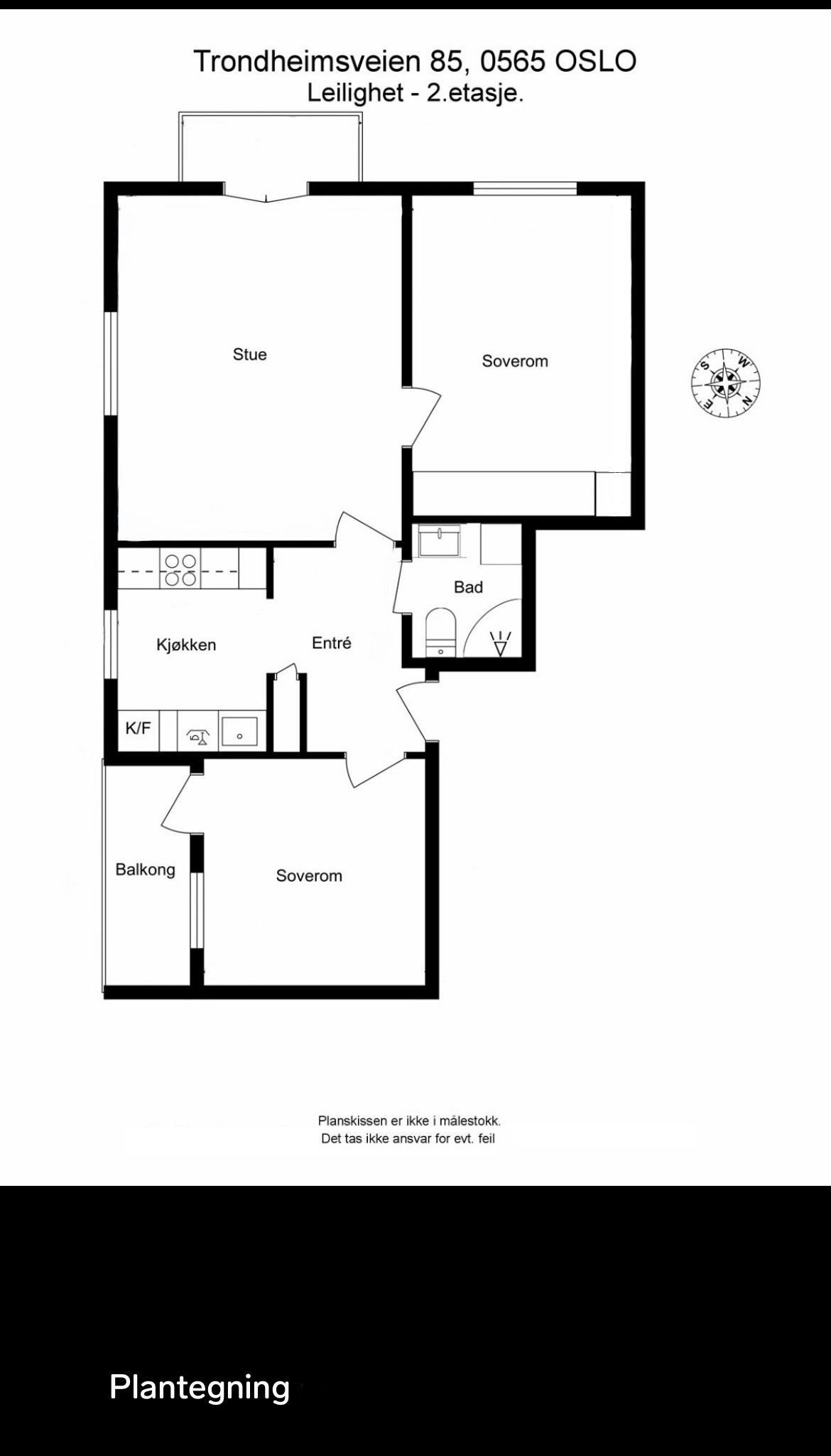 Plantegning av leiligheten. Planskissen er ikke i målestokk, og feil kan forekomme. Galleribilde
