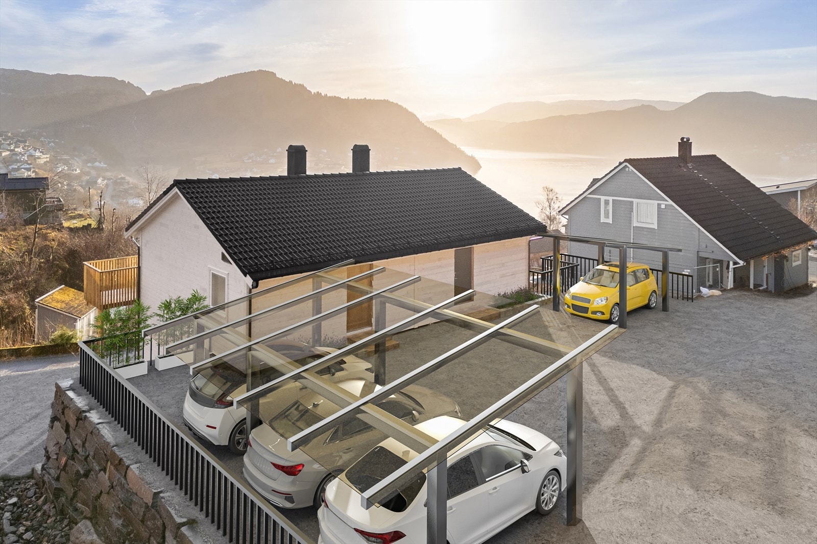 To parkeringsplasser i carport per enhet (illustrasjonsbilde, avvik kan forekomme). Galleribilde