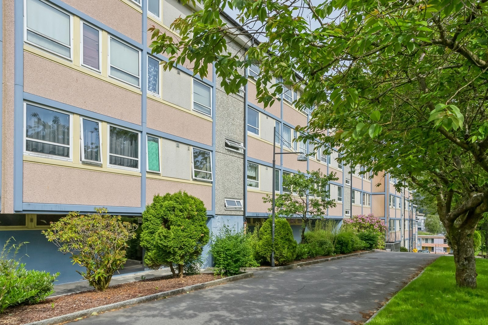 Tomten er pent opparbeidet med gangarealer, gressplener, bed med beplanting og lekeplasser. Galleribilde