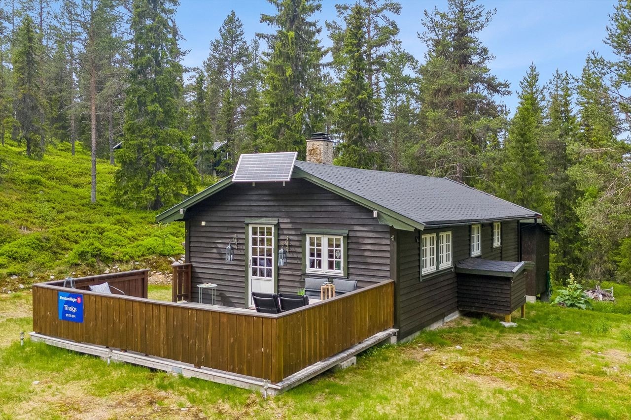 Sjarmerende hytte i naturskjønne omgivelser med solcellepanel, stor terrasse og umiddelbar nærhet til tur- og friluftsområder. Galleribilde