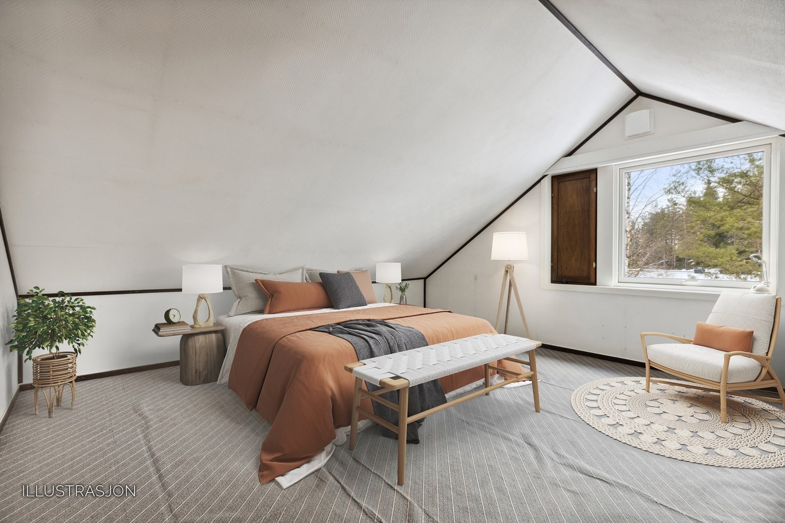 Rommene her oppe er store. Eget luftevindu som gjør at du slipper å få insekter inn når du lufter på sommeren. Møblene er kun satt inn som en illustrasjon. Rommet er ikke godkjent til varig opphold. Galleribilde