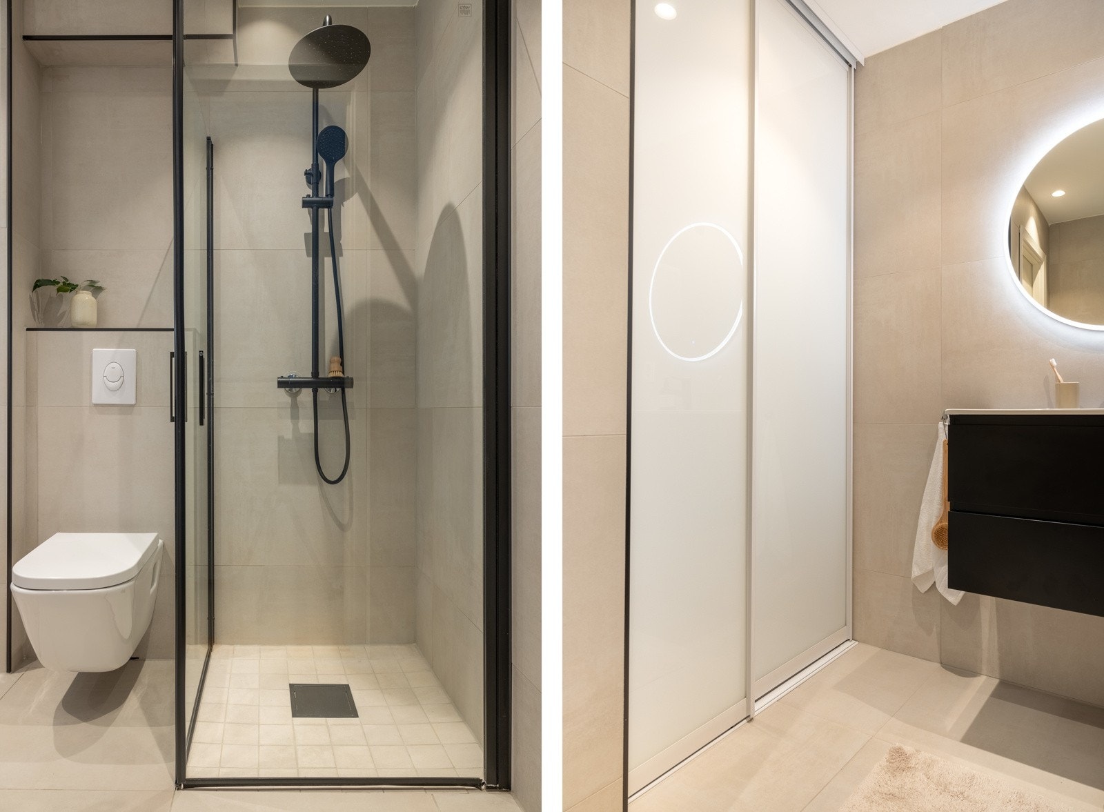 Badet er innredet med baderomsmøbel, speil, dusj med glassvegger, vegghengt toalett. Legg merke til den praktiske skyvedørsgarderoben med plass til vaskemaskin. Galleribilde