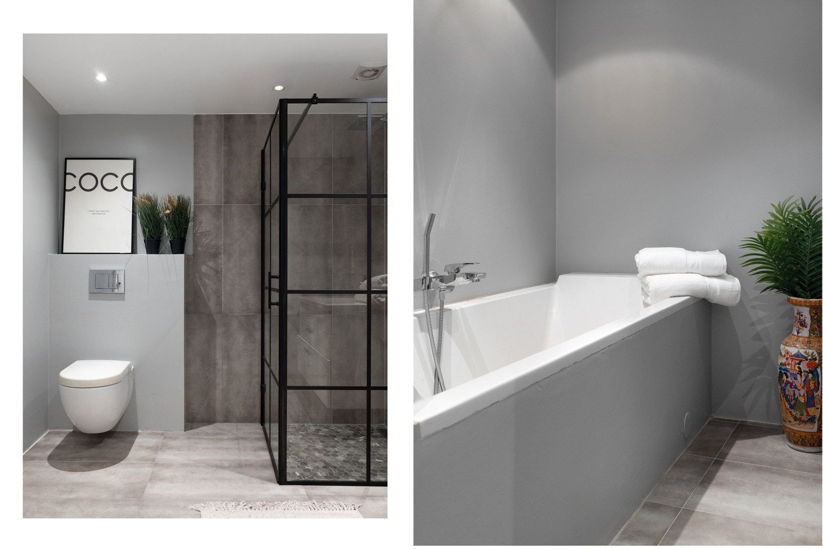 Videre består innredningen på hovedbadet av et veggmontert toalett og servantinnredning. Galleribilde