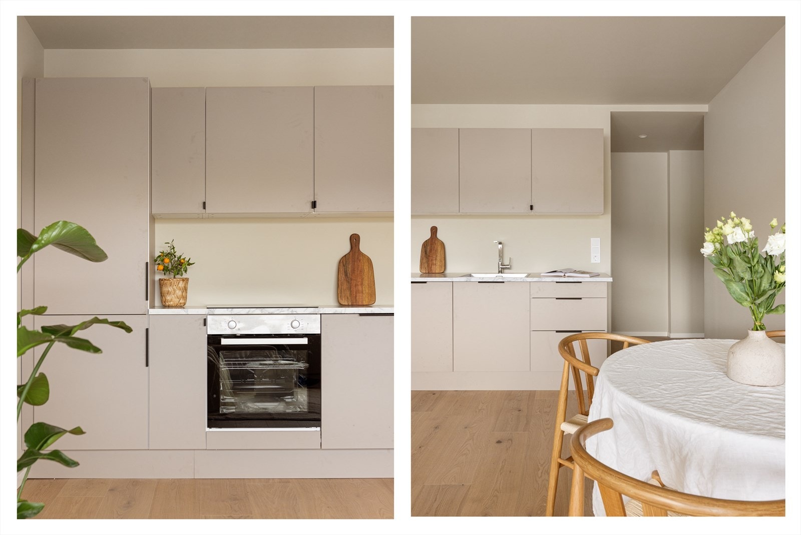 Integrerte hvitevarer er komfyr og oppvaskmaskin. Her har du god skap- og benkeplass for matlaging og oppbevaring. Galleribilde